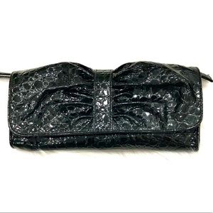 Faux Alligator Patent Leather Ruched Clutch Wristlet - Black